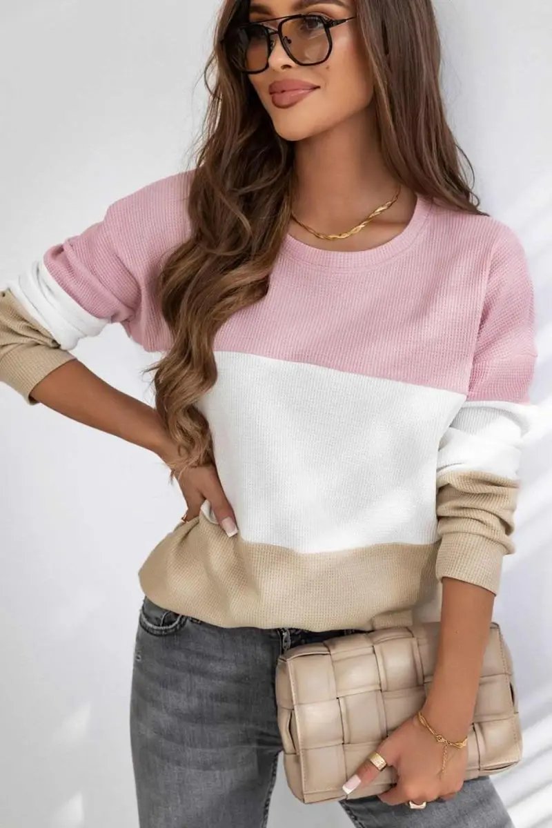 Color Block Waffle Knit Long Sleeve Top - Love Salve